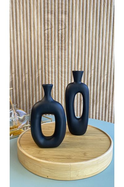 AstreHome Goody Series - Black Ceramic Handmade Vase Double Set