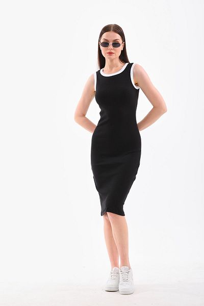 kallima Rochie cu nervuri alb-negru, fără mâneci, lungime ceai, elastică, cu bretele groase