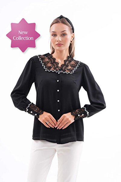 Loom Boutique Kadın Büyük Beden Güpür Dantelli Krep Gömlek G0053