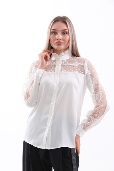 Loom Boutique Kadın Büyük Beden Işleme Desenli Krep Gömlek G0048