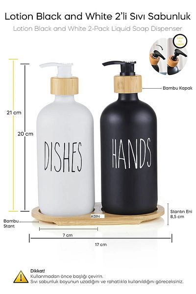 MİEN Lotion Black White 2 Li Liquid Soap Dispenser, Ασπρόμαυρο γυάλινο μπαμπού σαπουνιού
