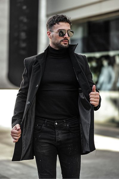 gm giyimarket Ανδρικό μακρύ παλτό - Slim Fit and Stand γιακά