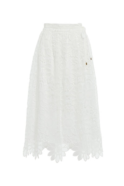 GİZİA Çiçek Desenli Dantel Beyaz Midi Etek