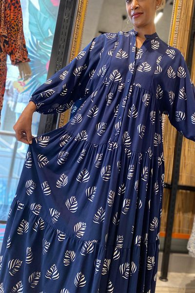 AYASOFYA OTANTIK Navy Blue Women's Dress - Button Detail, Loose Sleeves, Long