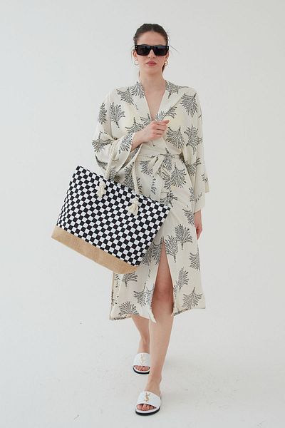 bakacstore Καφέ ψάθινη τσάντα παραλίας με στρογγυλό λουρί από σχοινί - με φερμουάρ
