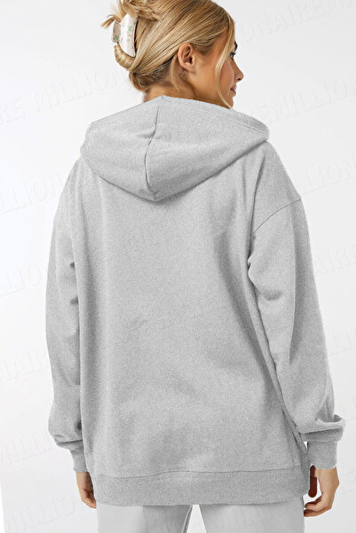 Millionaire Γυναικείο φούτερ με κουκούλα σε γκρι μελανζέ με φερμουάρ 3 κλωστών φλις καγκουρό Oversize Φούτερ με φερμουάρ