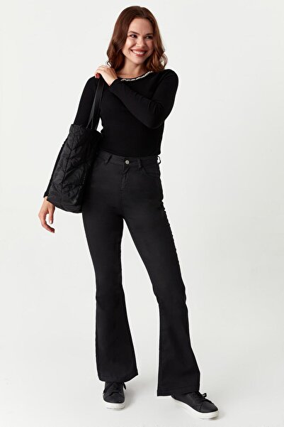 Select Moda Dámské černé úzké džíny s rozšířenými nohavicemi