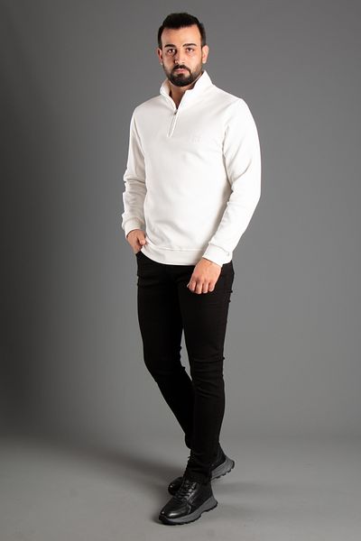 ZEKİ ÖZER White Stand Collar Zippered Men's Sweater