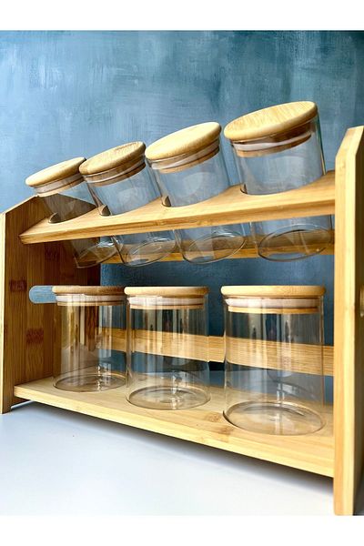 Mottogo 7-piece Bamboo Jar Set - Glass Spice Bowl with Stand, Spice