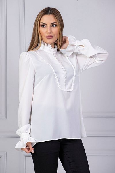 Loom Boutique Women's White Buttoned Front Ruffle Plus Size Crepe Blouse
