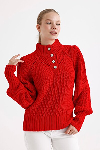 fujya Stone Button Stand Guler Tricoturi roșii