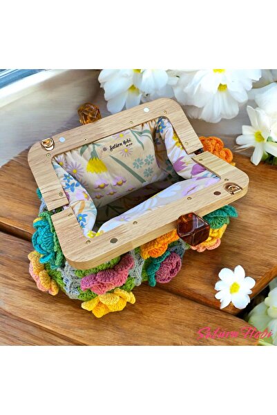 Satürn Hobi Örgü Ahşap Burslu Gül Motifli Clutch Çanta