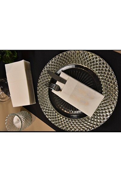 AIRLAID Meyart Home 50 Adet Beyaz Kumaş Dokulu Airlaid Cepli Peçete 40x40 1/8...