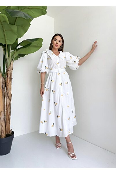 Afiş Butik Yellow Flower Embroidery White Balloon Sleeve Belt Dress