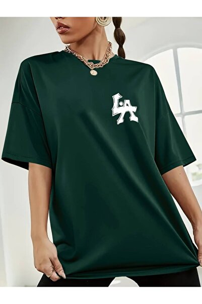 PALPİTO Naphtha Green Logo LA Štampano Žene Oversize kroj T-shirt
