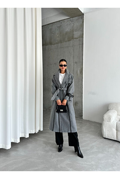 Laluvia Dark Gray Leather Stripe Belted Herringbone Long Coat-43886