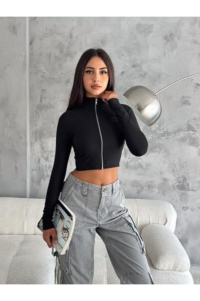Noa Noa Cardigan Crop Fashion scris - Gât semi-înțeles, cu fermoar