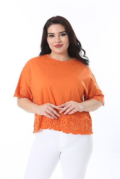 Şans Πορτοκαλί Κέντημα Λεπτομερής Μπλούζα Plus Size - 65n38242
