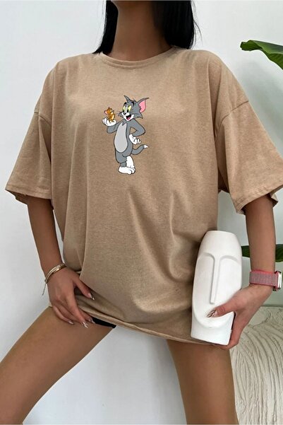 oneagılyazı Λευκό μπλουζάκι με στάμπα Tom and Jerry Unisex Oversize