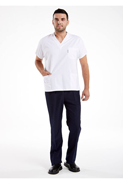 Alsancak Üniforma Costum de chirurgie pentru bărbați, alb/albastru marin, din lycra, din țesătură subțire