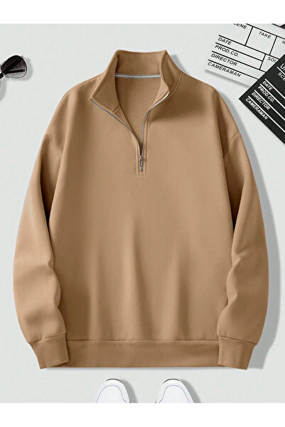 Revasser Unisex Erkek/Kadın Düz Renkli Dik Yaka Yarım Fermuarlı Pamuklu Overs...