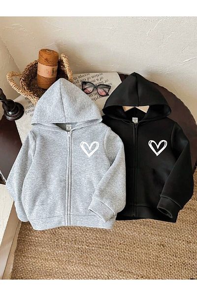 MORNİNG KİDS Black-Grey Minimal Patterned 2-Piece Zippered Sweatshirt Pack for Girls