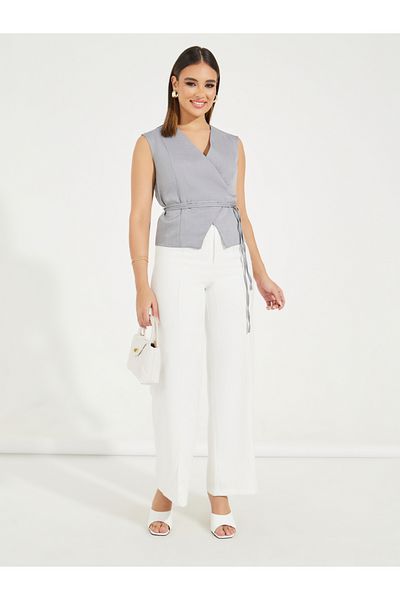 Styli Solid Sleeveless Wrap Top with Waist Tie Detail