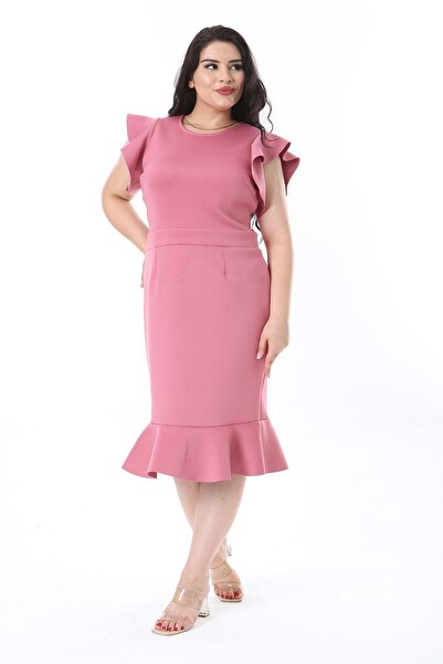 Şans Large Size Pink Scuba Dress - Flounce Skirt, Back Zip Detail 65n38237