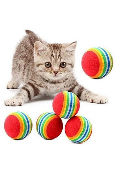 MAB 3-Pack Rainbow Sponge Cat Dog Chewing Play Ball 4.2cm - Rainbow Striped Cat Toy