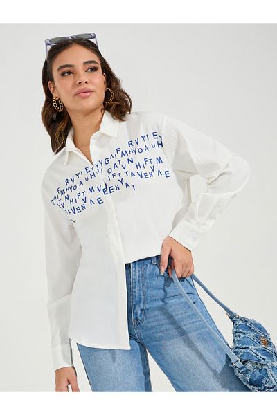Styli Slogan Print Buttoned Oversized Shirt