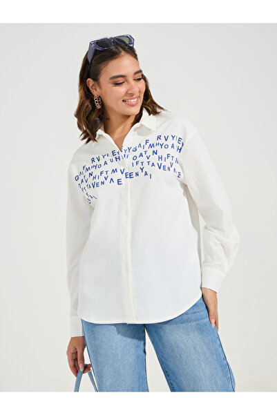 Styli Slogan Print Buttoned Oversized Shirt