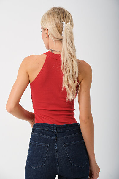 PUNKY CAT Women's Red Stand Collar Sleeveless Blouse