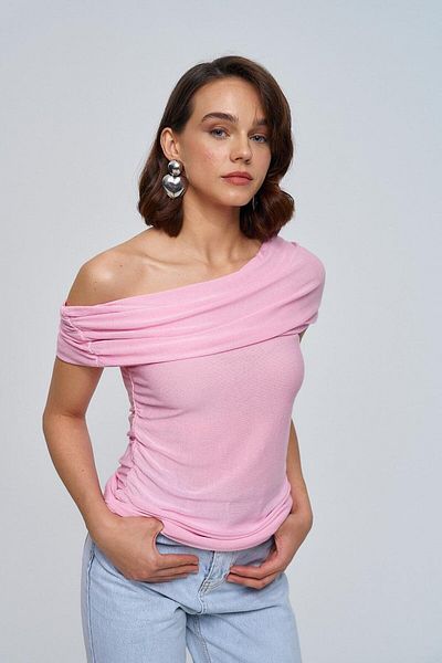 Tuba Butik Pink Knitwear Madonna Collar Women's Blouse - Gathered