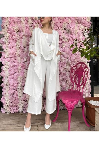 mfbcollection White Linen Shawl Collar Kimono Trousers Double Set