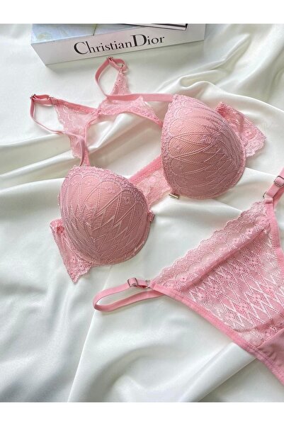 ARONA Önden Açmalı Destekli Dantel Detaylı Sütyen Takımı - Pembe - 310