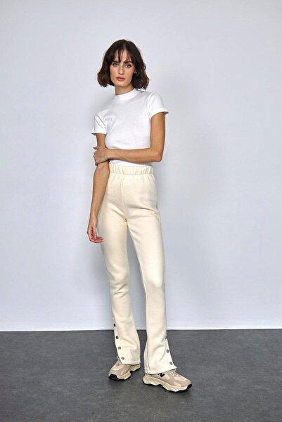 Tuba Butik Cream Women's Tracksuit with Snap Detail