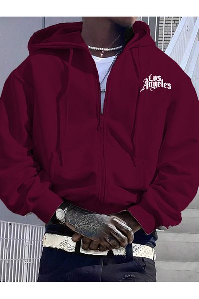 LUNAVISTA Burgundy Los Angeles Printed Hooded Zipper Oversized Sweatshirt