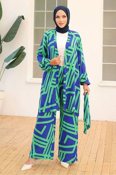 Bestenur Green Bengel Kimono and Pants Set - 1111