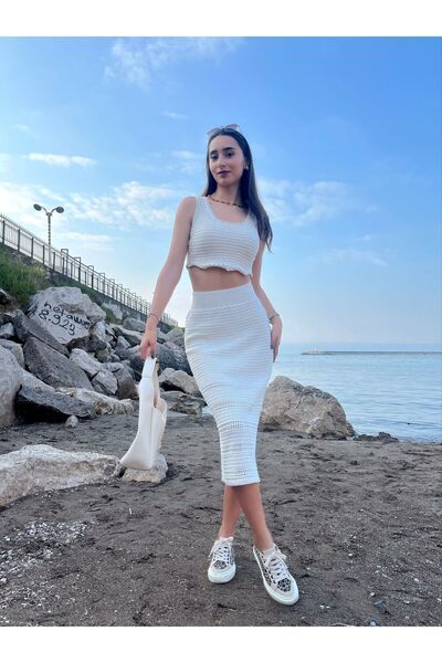 jöns since 1997 Γυναικεία Κρεμ Διάτρητη Πλεκτή Φούστα και Crop Διπλό Σετ