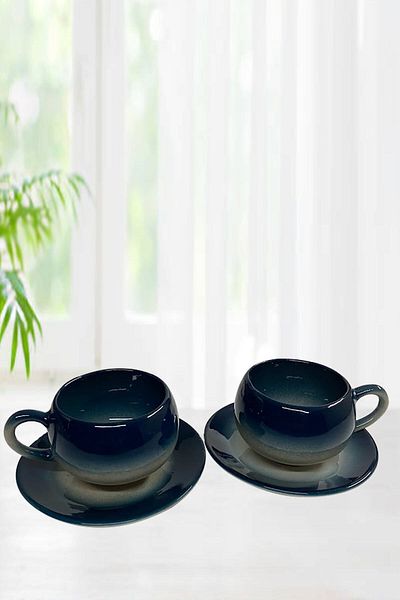 Artistic Quality Petrol Green and Black Tea-Coffee Cup Set - Decorative Stylish Design for 2 People