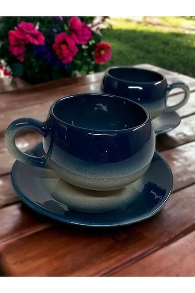 Artistic Quality Petrol Green and Black Tea-Coffee Cup Set - Decorative Stylish Design for 2 People