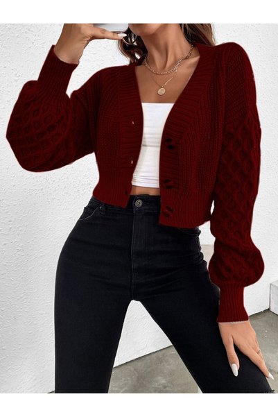 TRQOM Kolları Kabartma Desenli V Yaka Düğmeli Triko Crop Hırka Bordo Renk