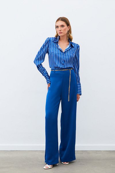 Sateen Satin Crepe Trousers with Chain - Indigo