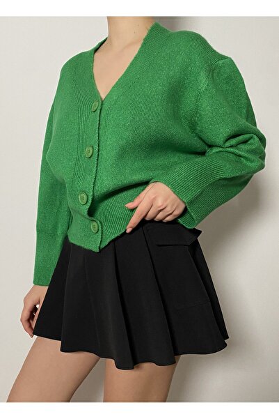 minaaise Cardigan de tricotaj scurt supradimensionat verde, moale, cu decolte...
