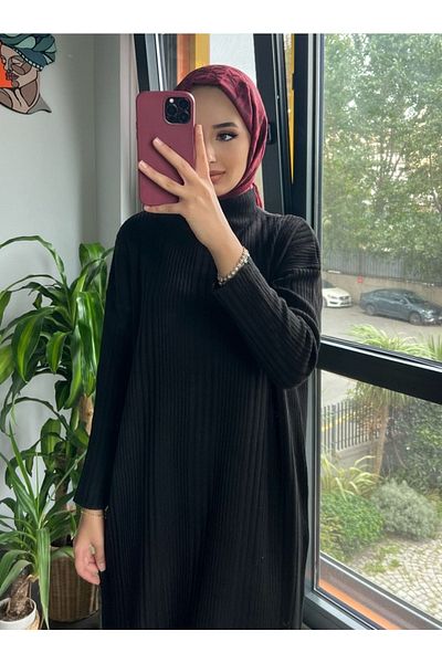 MAXXANA Oversize Loose Cut Half Turtleneck Ribbed Knitwear Hijab Dress Size 38-44