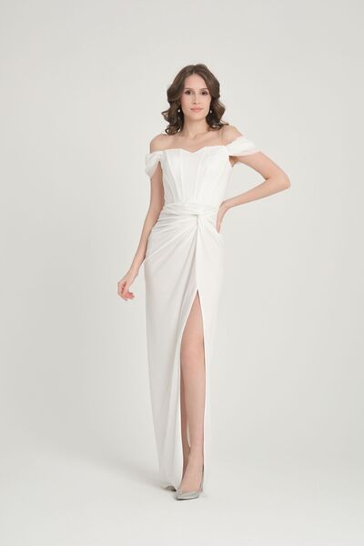 meksila kadın straptes kayık yakalı balenli korse detaylı uzun yırtmaçlı siml...