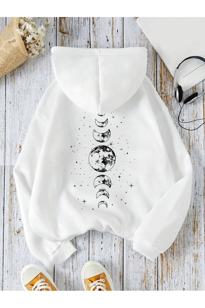 over head oh Λευκό Oversize Hoodie - 3 κλωστές, Γυναικείο φούτερ με στάμπα Moon's States