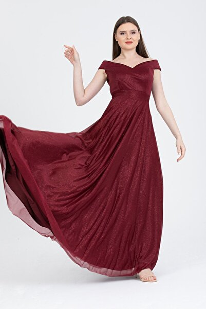 meksila Women's Boat Neck Straptes Long Flared Glitter Evening Dress Invitati...