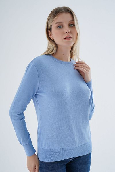 Trist Star Bluză tricotată pentru femei, albastră, 100% bumbac organic, cu decolteu triplu, tricot Trist-6101