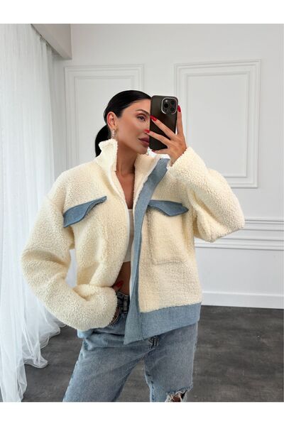 Benisengiydir Екрю плюшено яке - риза с яка, цип, двойни джобове